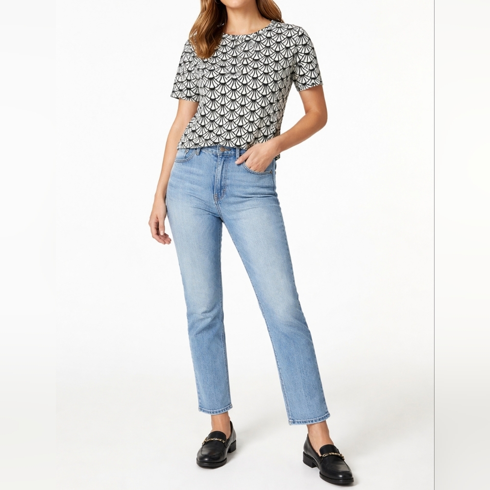 LOFT Jacquard Knit Top | S | Black & White Fan Print | Retro Mod
